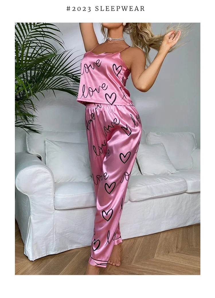 2PCS Sexy Women's Satin Pajama Set - V Neck Sleeveless Lingerie with Suspenders and Pants, Home Wear Loungewear