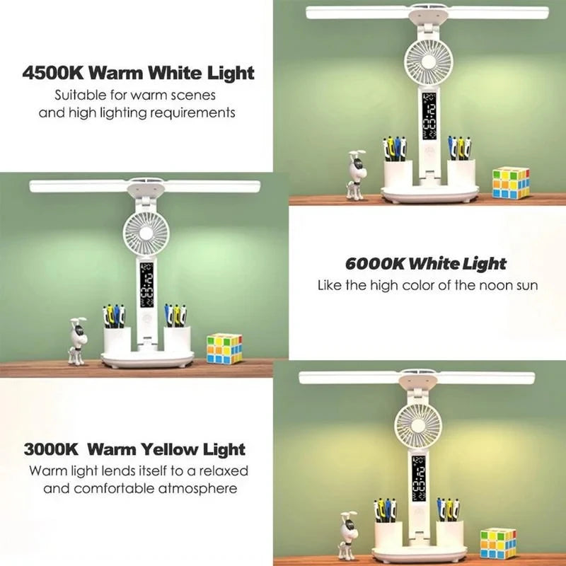 Rechargeable Table Lamp with Fan: Study Desk Lamp LED Reading Light - LED Clock Display