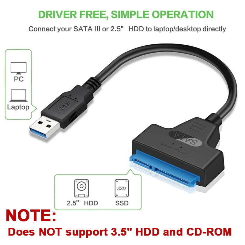 SATA to USB 3.0/2.0 Cable Adapter – 6 Gbps Transfer Speed for 2.5 Inch HDD/SSD – SATA 3 22 Pin to USB 3.0 Cord