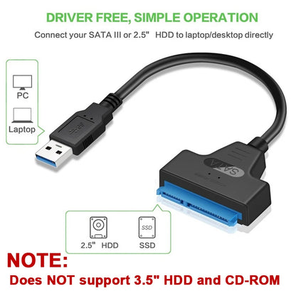 SATA to USB 3.0/2.0 Cable Adapter – 6 Gbps Transfer Speed for 2.5 Inch HDD/SSD – SATA 3 22 Pin to USB 3.0 Cord