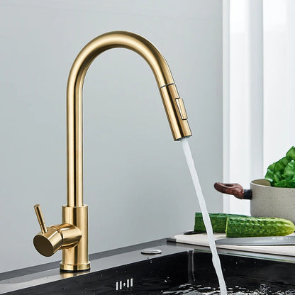 Quyanre Brushed Gold Kitchen Faucet - Pull Out Sink Water Tap, Single Handle Mixer Tap with 360 Rotation, Kitchen Shower Faucet