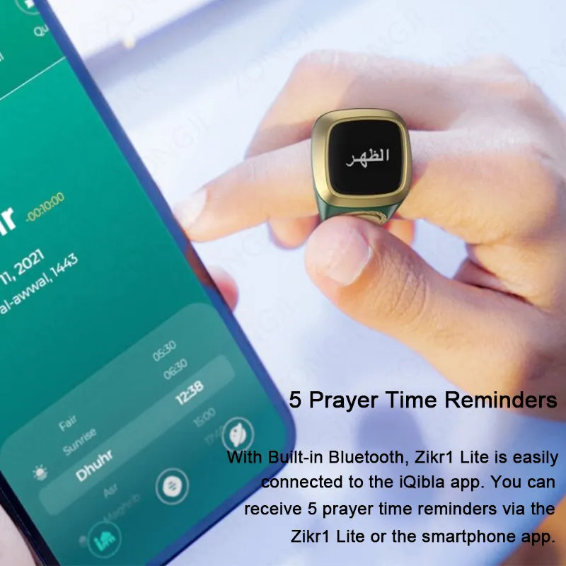 Iqibla Zikr1 Lite Smart Tasbih Tally Digital Counter Ring - Muslim Tasbeeh with 5 Prayer Time Vibration Reminder, Waterproof