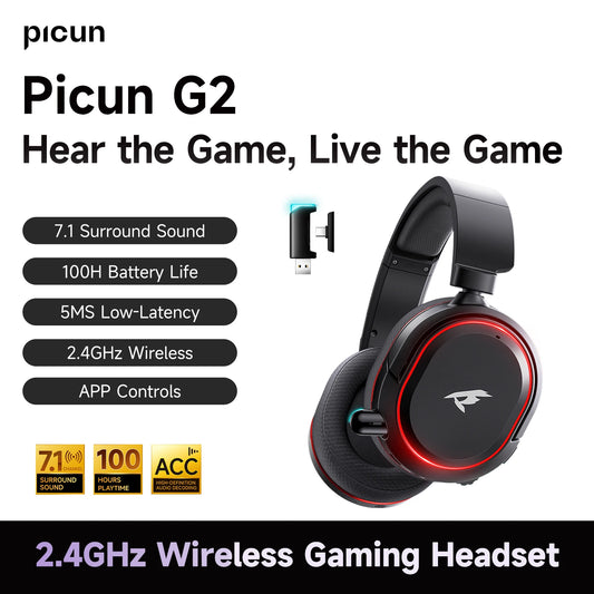 Picun G2 Wireless Gaming Headset – 2.4G Bluetooth, 5ms Low Latency, 7.1 Surround Sound, ENC Mic for PC, PS4, PS5, Phone, Switch