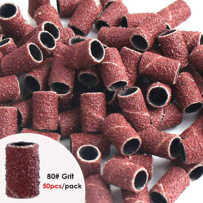 100/50pc Sanding Cap Bands for Electric Manicure Machine - 180/120/80 Grit Nail Drill Grinding Bit Files - Pedicure Tool Set BEND261