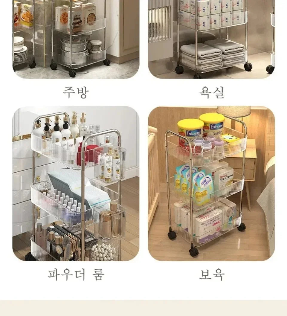 Acrylic Rolling Cart with Hanging Basket - Multi-Layer Transparent Bathroom, Makeup, and Snack Organizer, Movable Storage Rack