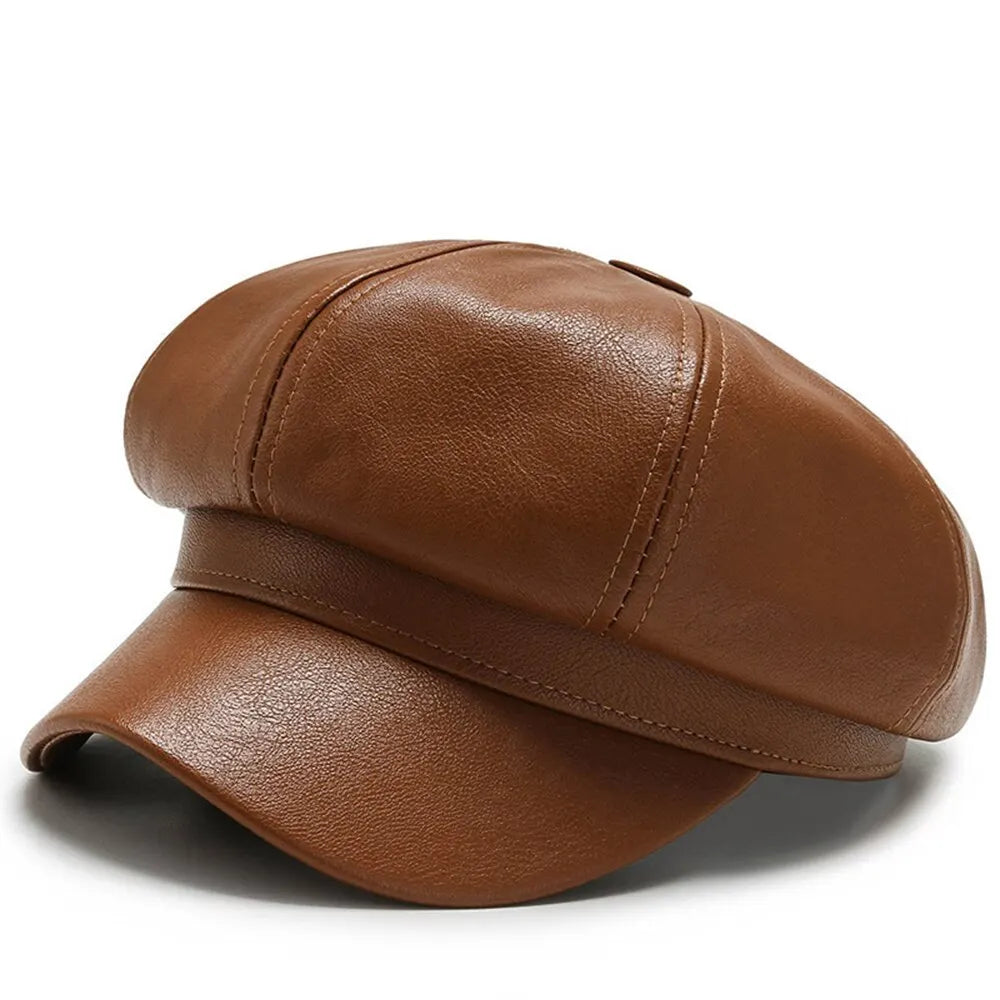 Autumn and Winter Leather Octagonal Hat for Women - British Style Retro Casual Beret, Cute and Fashionable Versatile Headwear