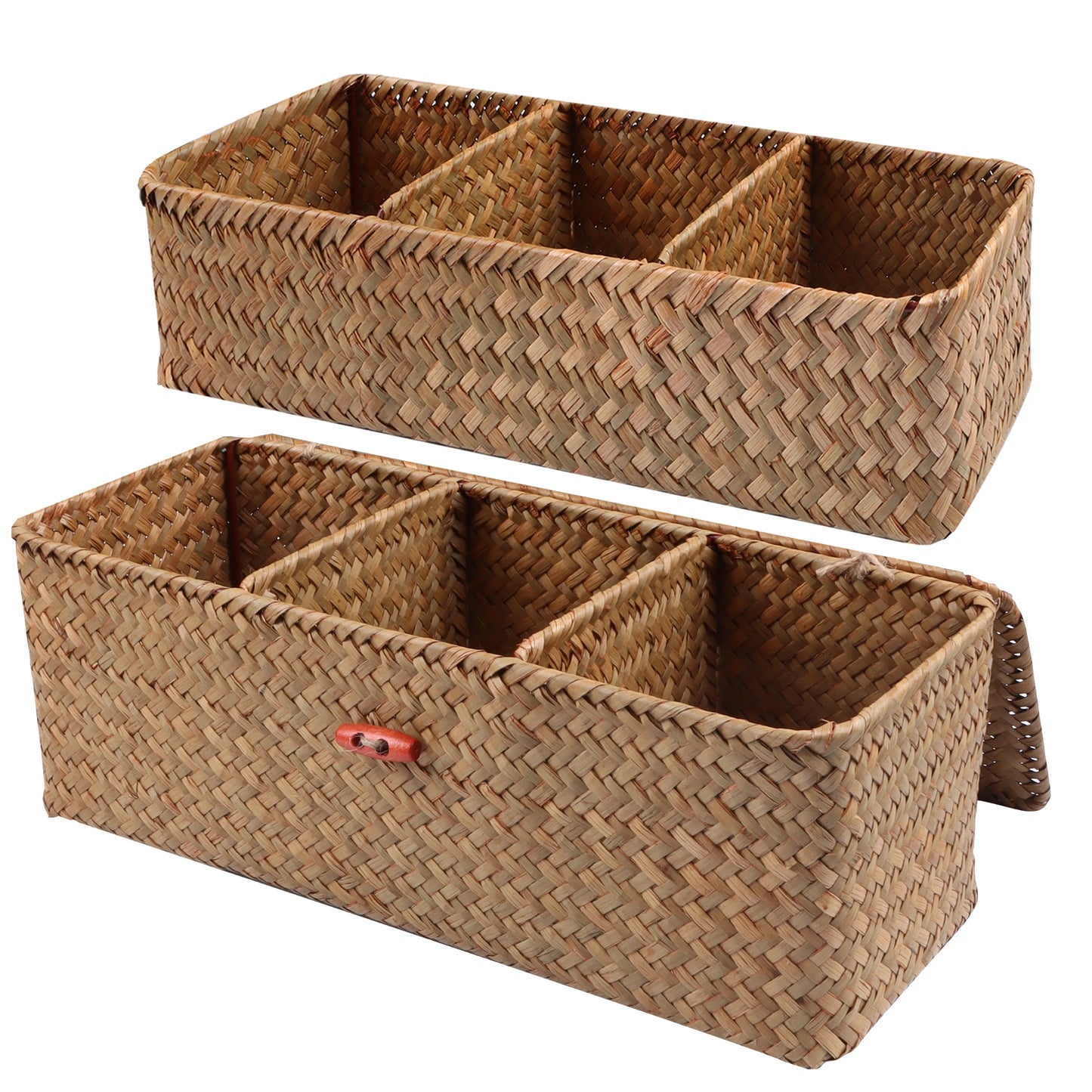 Hand Woven Storage Baskets with Lid - Rectangular Dust-Proof Clothing Storage Box, 3-Grid Wardrobe Container for Sundries Organizer