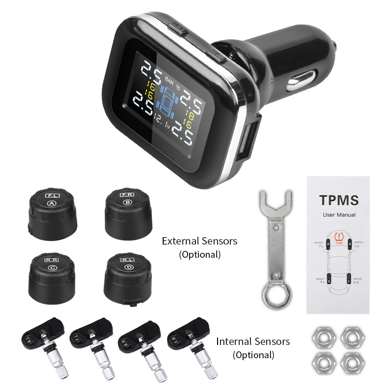 Universal Car TPMS with USB Cigarette Lighter - Wireless Digital Tire Pressure Monitoring System with 4 External/Internal Sensors