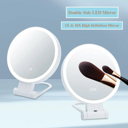 Portable USB Rechargeable 10X Foldable LED Makeup Mirror - Double-Sided Desktop Mirror