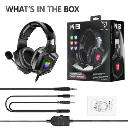 ONIKUMA K8 Gaming Headphones - Over-Ear Wired Headset with HD Mic, RGB Lights, Surround Sound for PC, Xbox Gaming