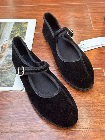 Elegant Mary Janes Canvas Loafers for Women - Black Buckle Strap Flats, Casual Ballet Shoes for Spring and Autumn 2024