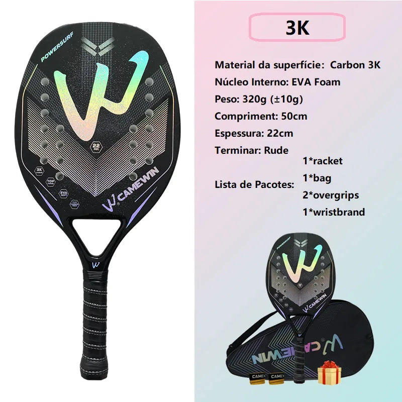 3K Camewin Beach Tennis Racket - Full Carbon Fiber with Rough Surface, Outdoor Sports Racket for Men, Women, and Seniors