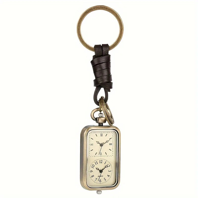 Bronze Square Keychain Pocket Watch - Retro Double Time Quartz Movement, Antique Style Pendant without Cover