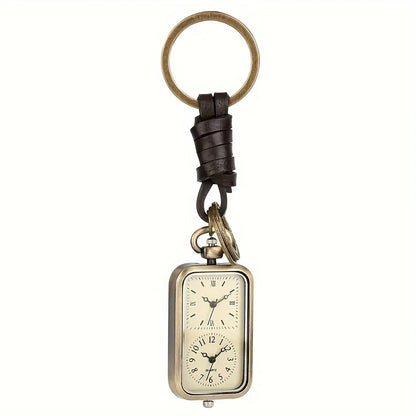 Bronze Square Keychain Pocket Watch - Retro Double Time Quartz Movement, Antique Style Pendant without Cover