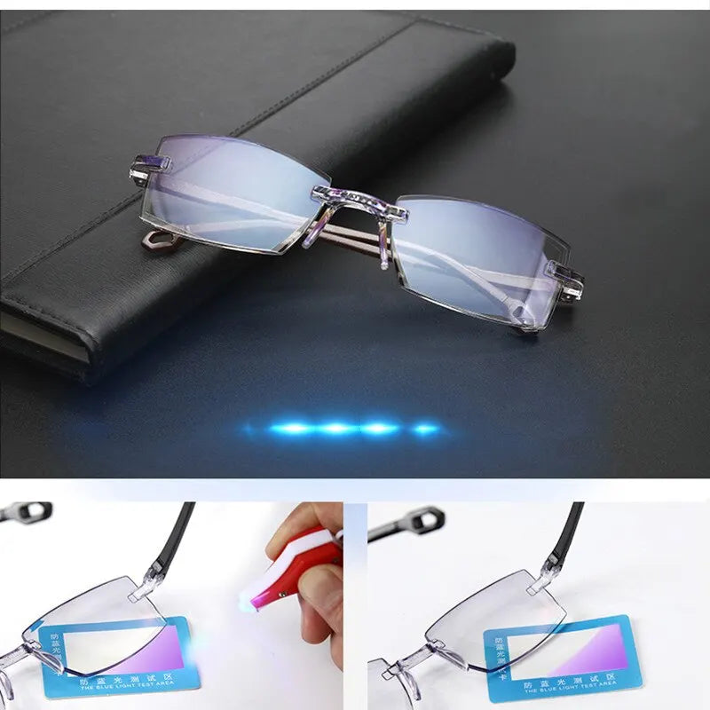 2 Pairs Rimless Reading Glasses: Anti-Blue Light Bifocal Far Near Magnification Eyewear - Presbyopic Glasses for Men and Women