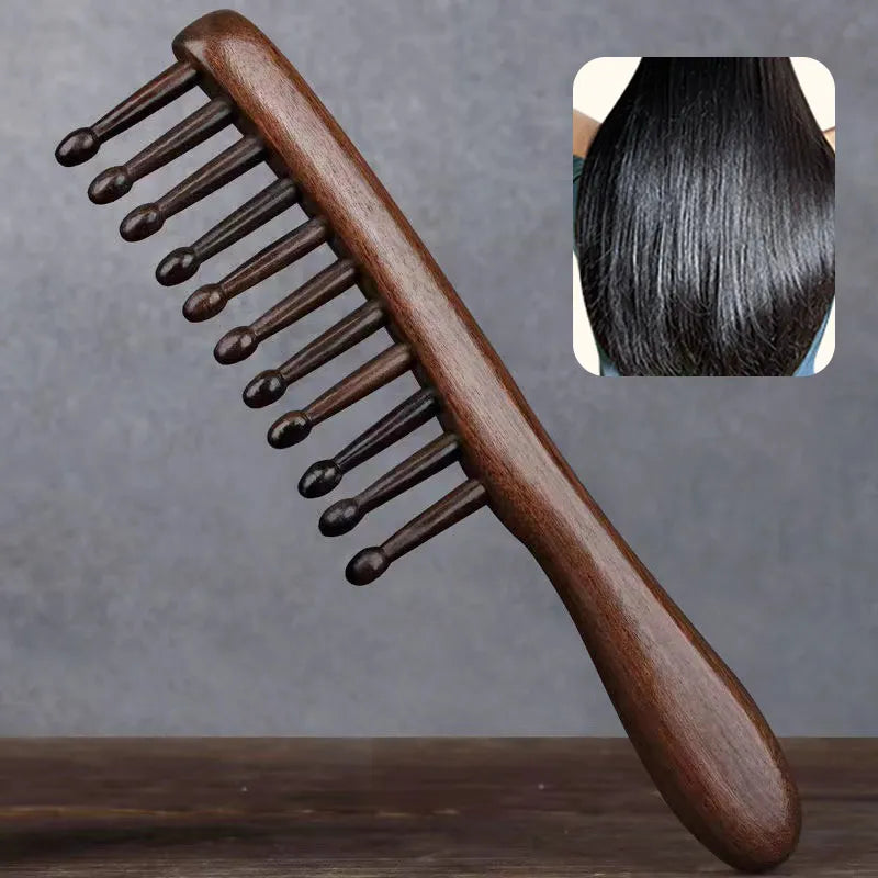 Natural Wooden Meridian Massage Comb - Anti-Static Wide Tooth Comb, No-Snags Design for Women and Girls with Straight or Curly Hair