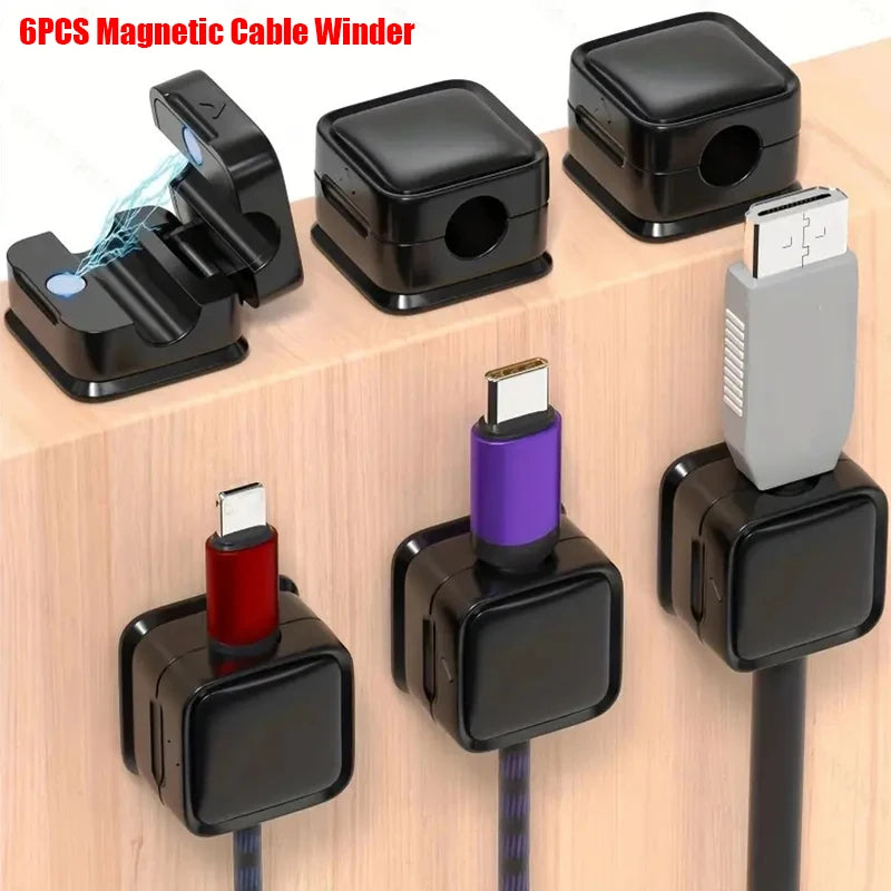 6PCS Magnetic Wire Organizer – Desktop Cable Clip Protector – Cord Magnet Winder for USB and Charging Lines with Hook