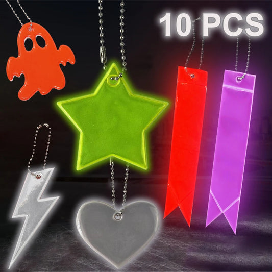 10PCS Reflective Keychain Pendants - Ghost, Star, Heart Shapes, Safety Reflectors for Bags, Ideal for Children & Adults