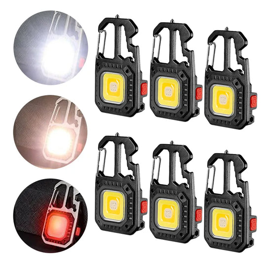 Mini LED Keychain Work Light - Portable Pocket Flashlight USB Rechargeable Camping Lamp with Window Hammer, Bottle Opener