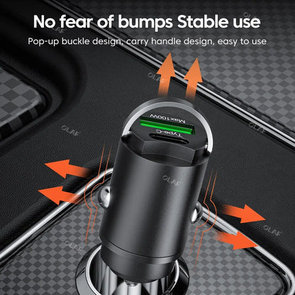 Olaf Mini 100W PD QC Fast Charging Car Charger - USB C Adapter for iPhone 13/12, Xiaomi, Samsung & Huawei - Pull Ring Design