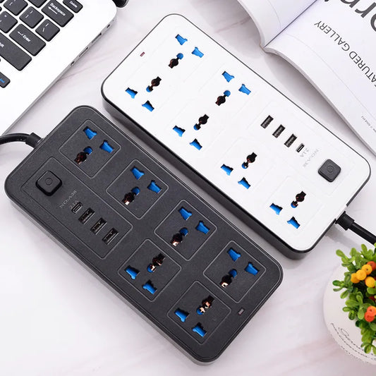 Universal Power Multi-Tap Plug Strip with Extension Cord - EU US UK Outlets, AC Type C USB Port - Charge Multiple Devices Simultaneously