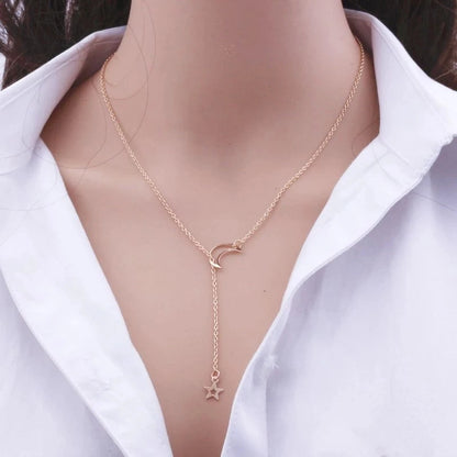 Simple Moon and Star Pendant Choker Necklace – Gold Alloy Charm Chain Collares for Women, Party Jewelry