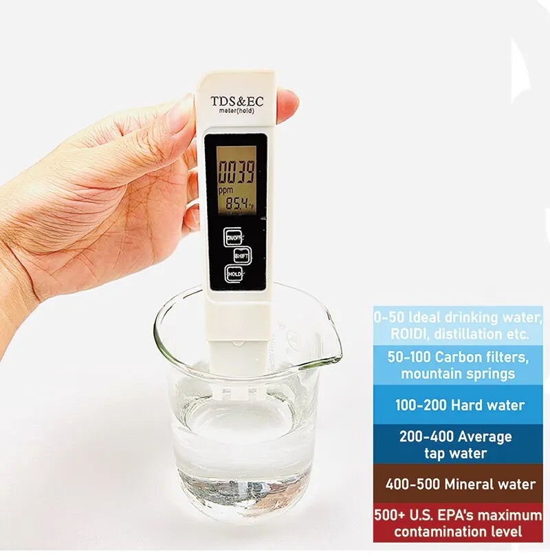 White Digital Water Quality Tester | TDS EC Meter, Range 0 to 9990, Multifunctional Purity Temperature PPM Tester