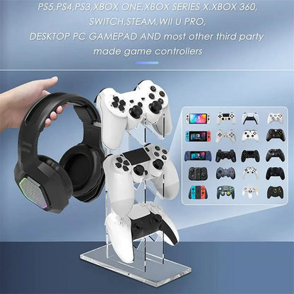 Game Controller & Headphone Holder - Acrylic Clear Display Stand, Compatible with PS5, PS4, Nintendo Switch, and Xbox