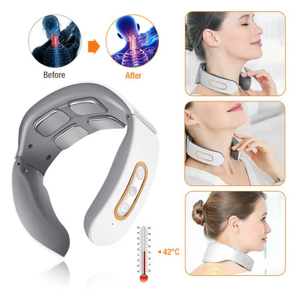 Electric Neck Shoulder Pulse Massager - 4 Head Kneading TENS Magnetic Pulse Heating for Cervical Vertebra Pain Relief