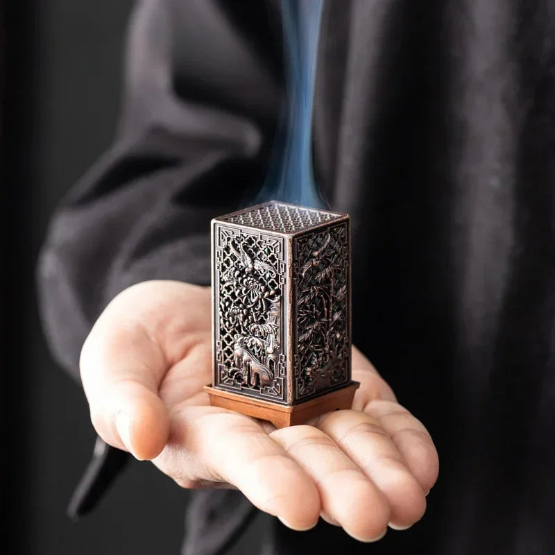 Square Vertical Incense Burner - Small Xiangyun Alloy Holder for Indoor Aromatherapy, Chinese Plum Home Ornament