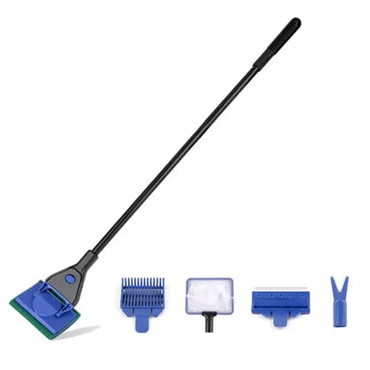 Fish Tank Glass Cleaning Brush: Long Handle Five-in-One Aquarium Tool for Algae Scraping, Aquatic Grass Clipping, and Cleaning