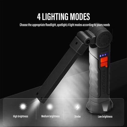 Rotatable Head Rechargeable LED Work Light: Camping Flashlight with 4 Lighting Modes - Magnet, Waterproof for Emergency Lighting