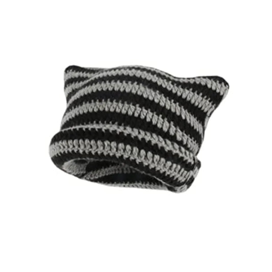 Stay Trendy and Warm: Cute Cat Ears Beanie Hats for Women - Winter Striped Korean Punk Gothic Y2K Wool Knitted Streetwear Bucket Cap, Handmade Crochet Design