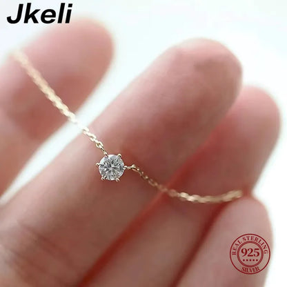 Jkeli 925 Sterling Silver Necklace - 18k Gold Plated with Single Sparkling Zircon, Women's Clavicle Chain for Weddings