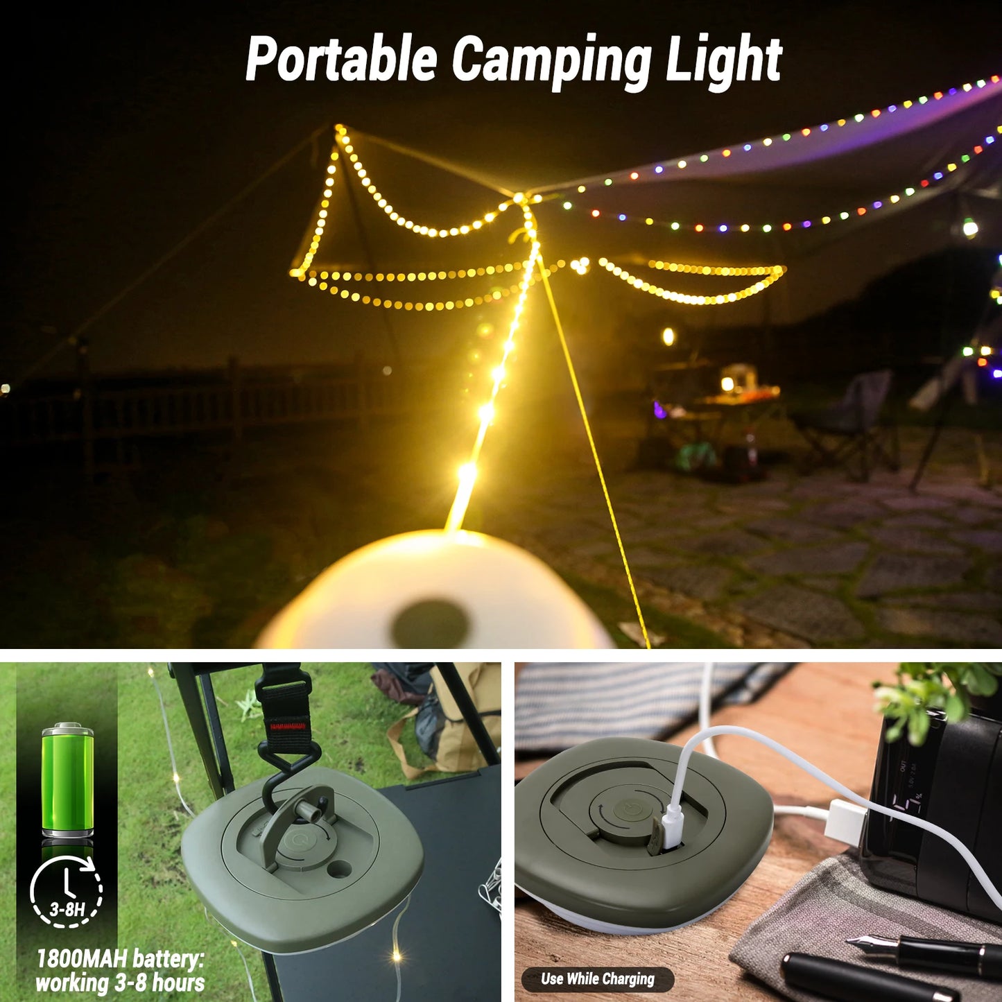 33Ft Camping String Lights with Lanterns: 2-in-1 Design, 2000mAh Rechargeable Flashlights - IPX6 Waterproof Camping Lights