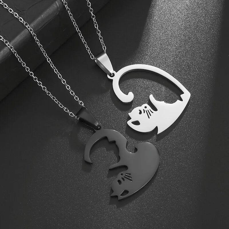 Hot Hug Love Pet Cat Couple Necklace – Stainless Steel Fashion Pendant for Men and Women, Best Friend BFF Jewelry Gift