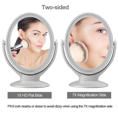 Double-Sided 1X/7X Magnifying LED Makeup Mirror with Light - USB Rechargeable, 360° Rotating Freestanding Design