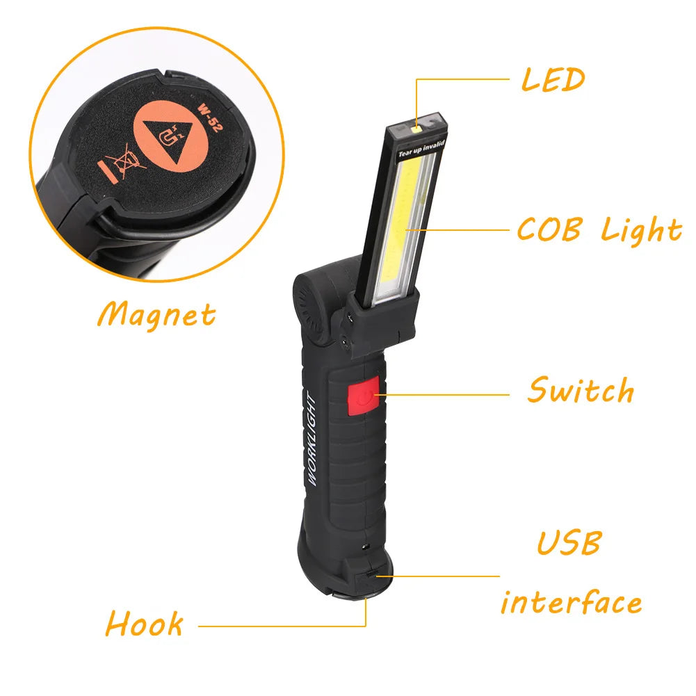 Portable COB LED Flashlight: USB Rechargeable Work Light with Magnetic Lanterna - Built-in Battery for Camping Torch