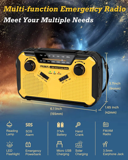 Emergency Portable AM/FM Radio: Solar Hand Crank, USB & AA Batteries Rechargeable - Torch Reading Lamp, SOS Alarm for Emergencies