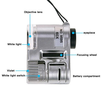 Portable Mini Pocket 60X Microscope - Illuminated Jeweler Loupe Lens with 3 LED and UV Light for Jewelry and Insect Magnification