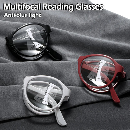 Progressive Portable Folding Multifocal Bifocal Reading Glasses | Anti-Blue Light | Men Women | Near Far Vision | Presbyopic Eyewear with Case