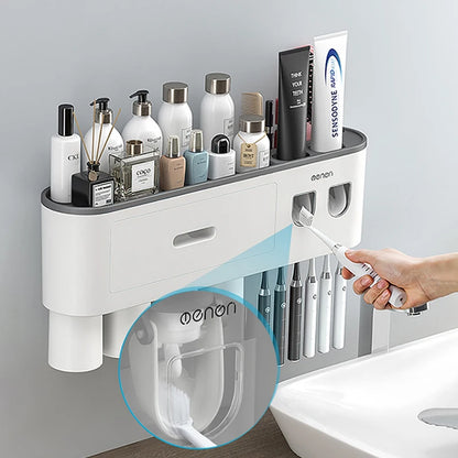 Wall-Mounted Toothbrush Holder with Dispenser: Punch-Free Bathroom Storage for Home - Waterproof Bathroom Accessories