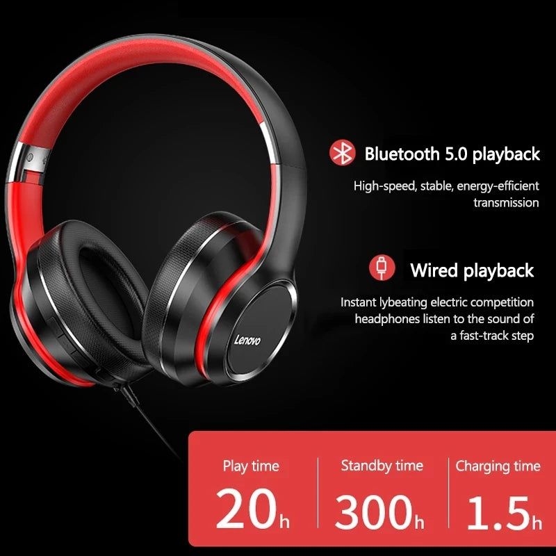 Lenovo HD200 Bluetooth Over-Ear Headphones - Foldable Wireless Gaming Headset with Noise Cancellation & HiFi Stereo