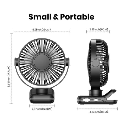 TOPK Mini Portable Clip-On Fan – USB Desk Fan with 3 Speeds, Quiet Wind, 720° Rotate, Personal Electric Fan for Home