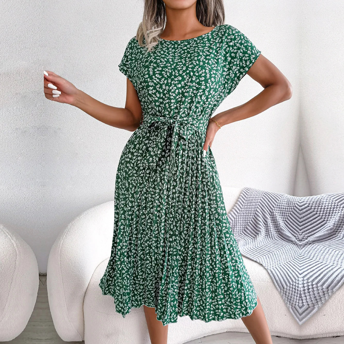 Spring Summer Women's Short Sleeve High Waist Floral Dress: Chic A-line Pleated Long Dress - Fashion Statement