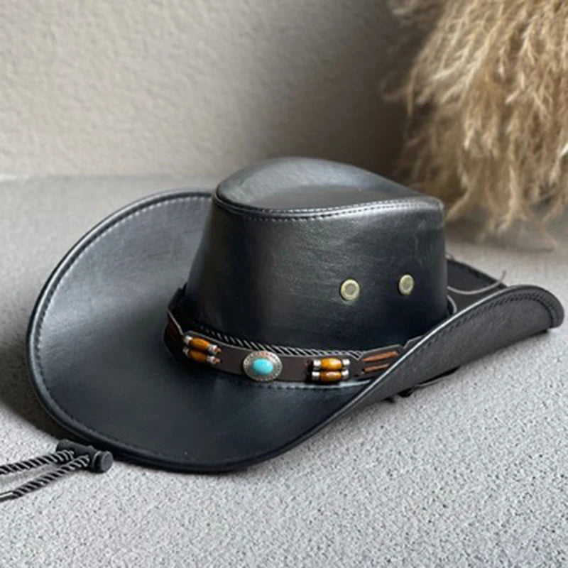 Faux Leather Western Cowboy Hat for Men and Women - Vintage Gentleman Panama Cowgirl Jazz Cap, Sombrero Hombre