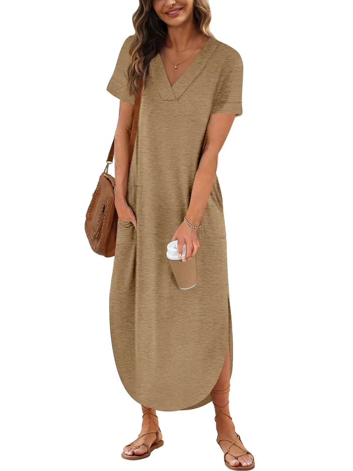 Summer Elegant Women's Cotton Linen Dress - Solid Color, Short Sleeve V-Neck, Comfortable Loose Fit with Pockets, Long Ladies Dress