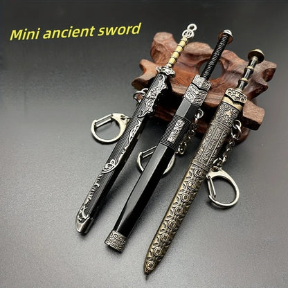 Ancient Chinese Mini Sword Keychain – First Emperor of Qin Metal Key Ring Pendant, Cute Weapon Toy