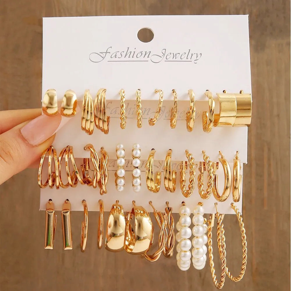 18Pcs Women's Earrings Set: C-Shaped Geometric Fake-Pearl Metal Earrings, Gold-Color Atmospheric Queuing Alloy