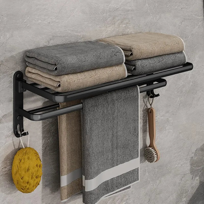 Matte Black 50CM Folding Towel Holder with Hook - Wall-Mounted Aluminum Towel Rack